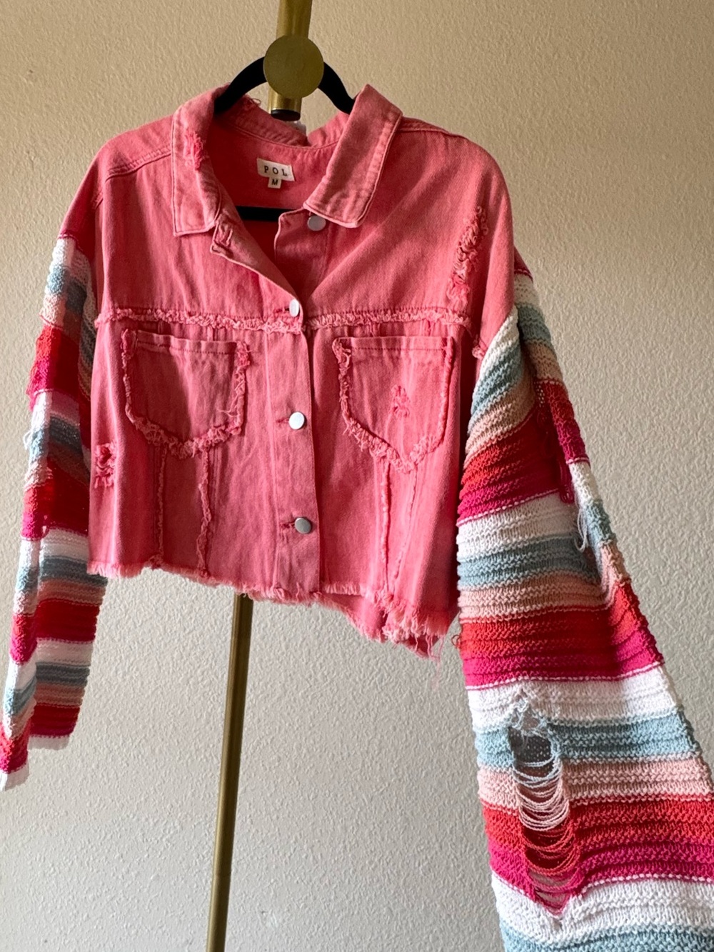 POL Pink Cropped Denim Jacket Striped Knit Sweater Sleeves M